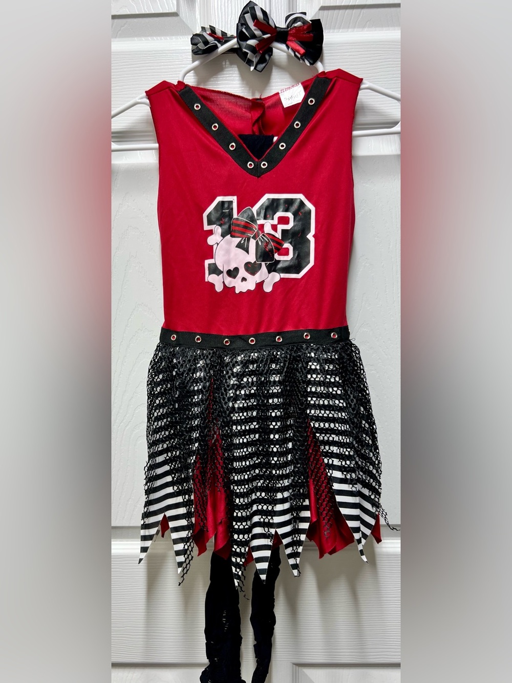 Spirit- Red, Black & White Skull Cheer Costume with 2 Bows & Pom poms